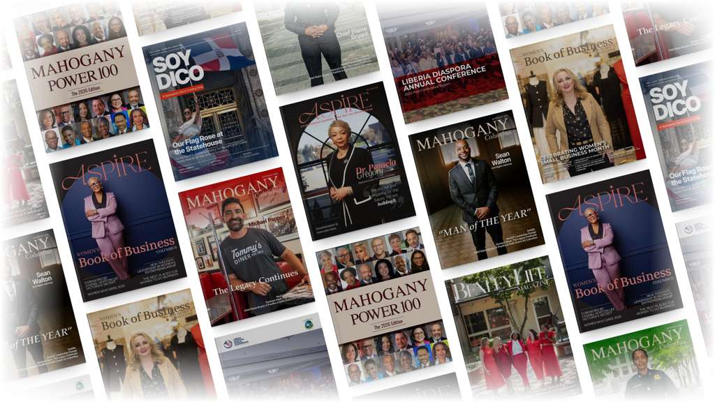 Collection of booklets and magazines printed by JPS Print including Mahogany Power 100, SOY DICO, ASPIRE Book of Business, and other publications